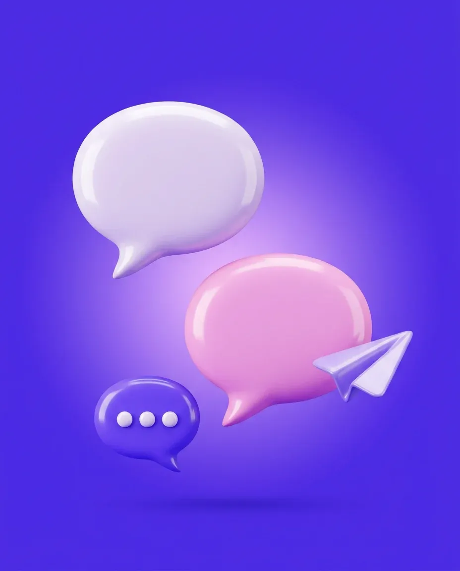 Illustrazione 3D: fumetti di chat rosa e viola con un aeroplanino di carta