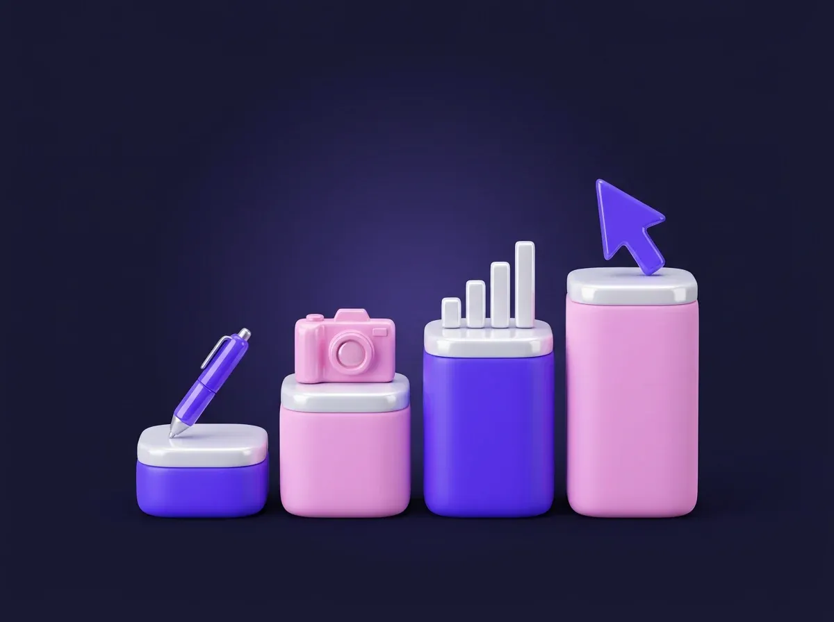 Illustrazione 3D: strumenti creativi su colonne di altezze diverse, con matita, fotocamera, grafico e cursore
