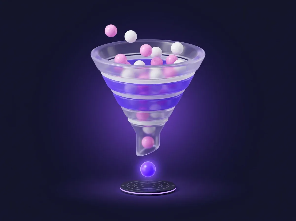 Illustrazione 3D: imbuto di conversione attraversato da sfere viola e rosa