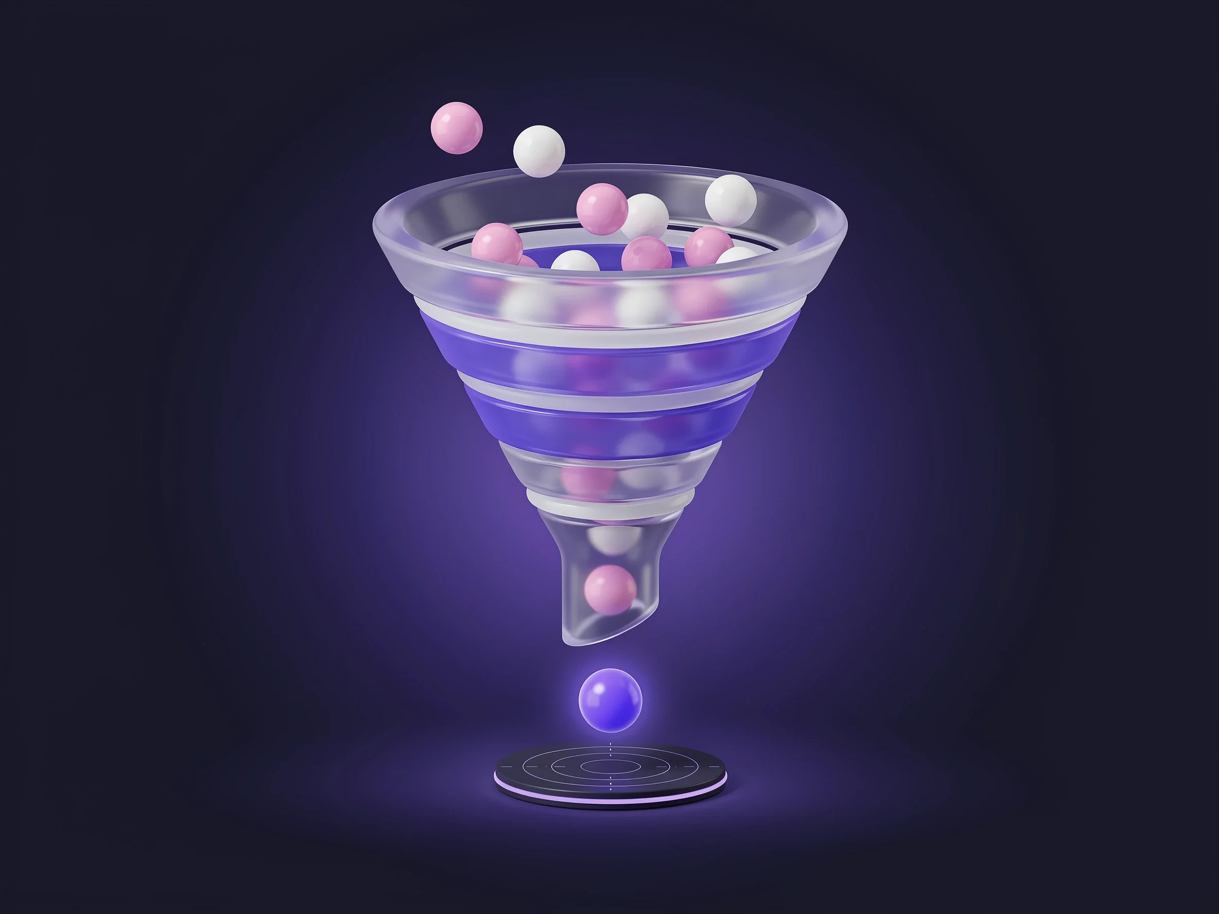 Illustrazione 3D: imbuto di conversione attraversato da sfere viola e rosa