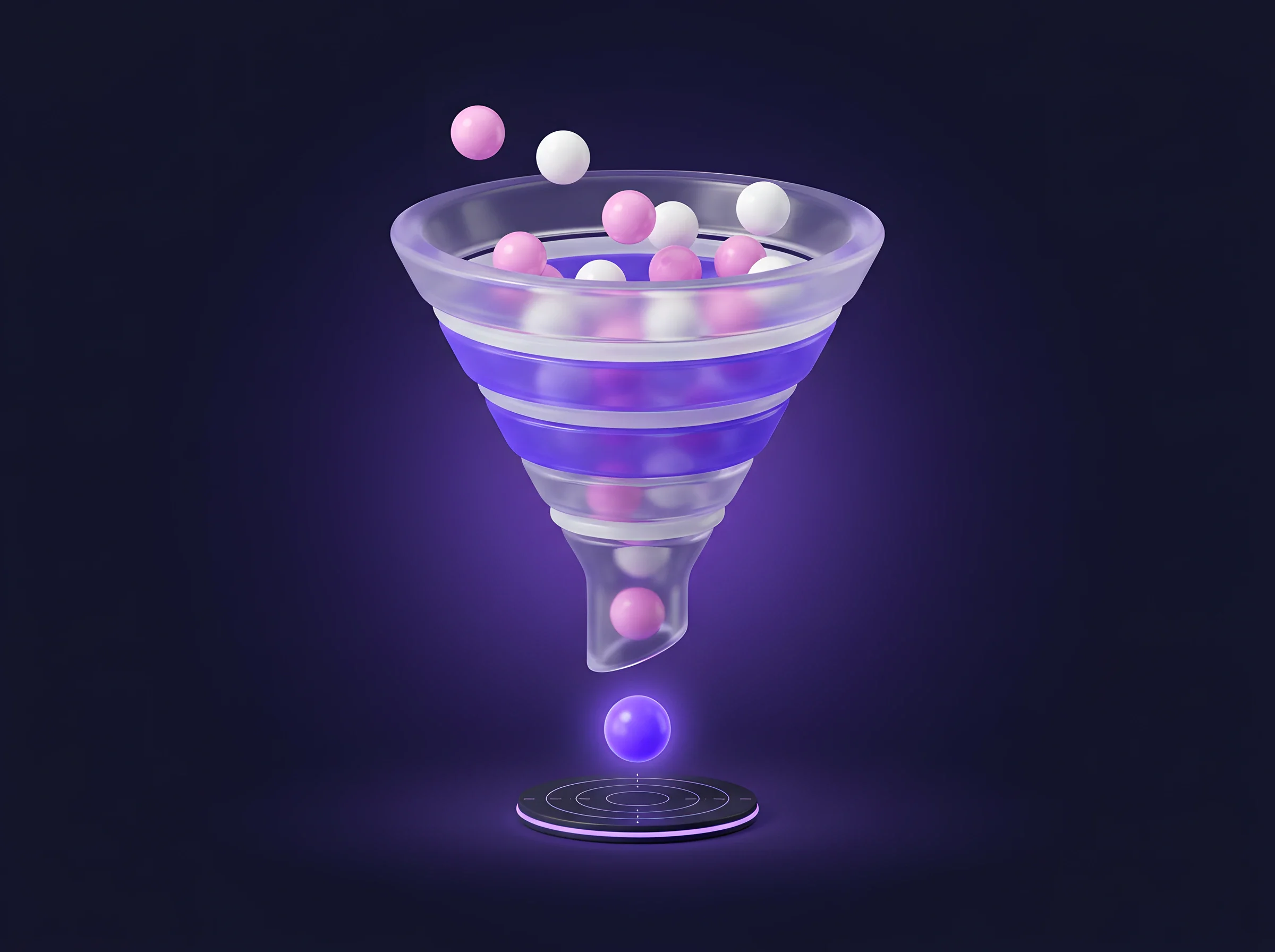 Illustrazione 3D: imbuto di conversione attraversato da sfere viola e rosa