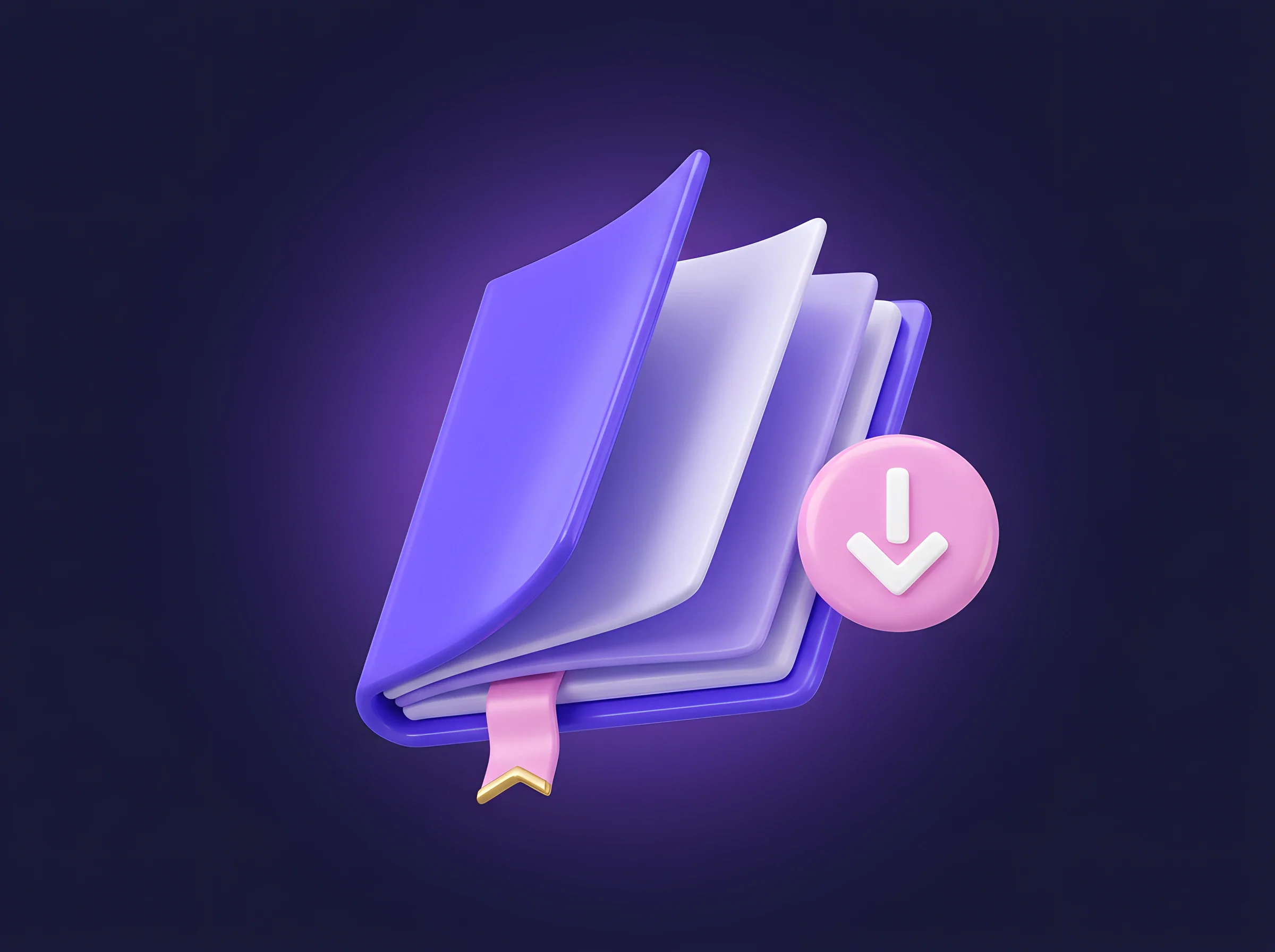 Illustrazione 3D: libro viola aperto con un'icona di download rosa