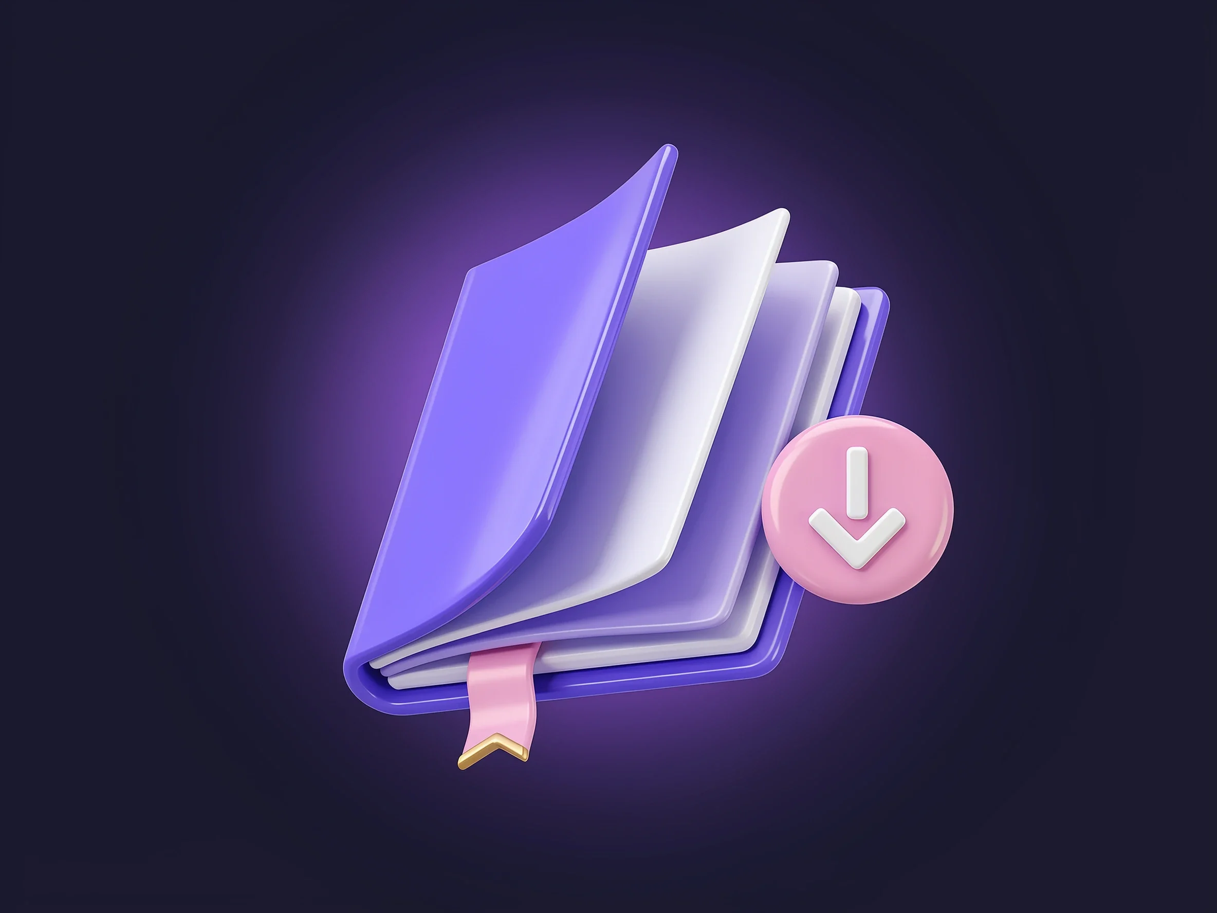 Illustrazione 3D: libro viola aperto con un'icona di download rosa