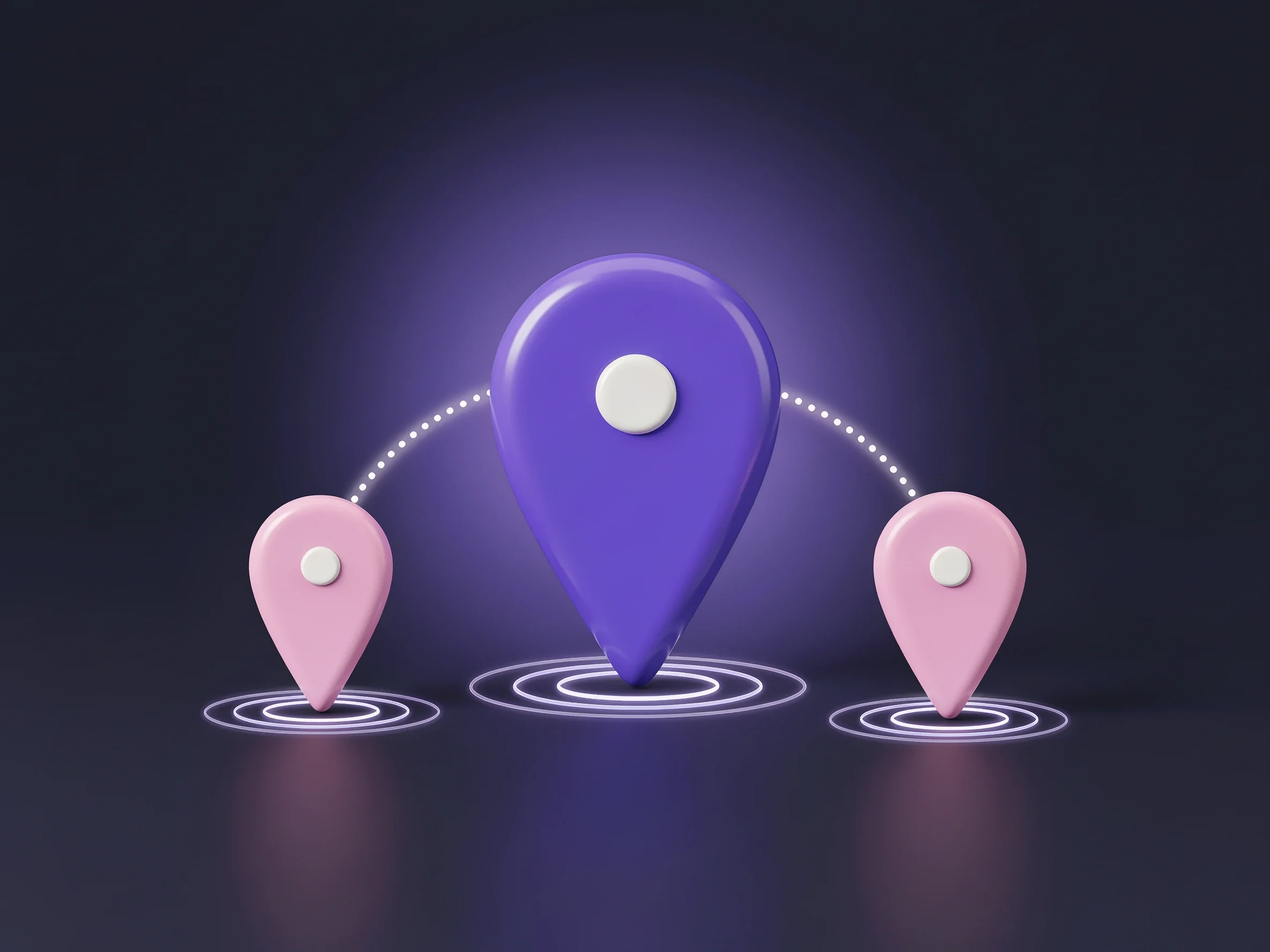 Illustrazione 3D: tre segnaposto sulla mappa, uno grande viola e due rosa