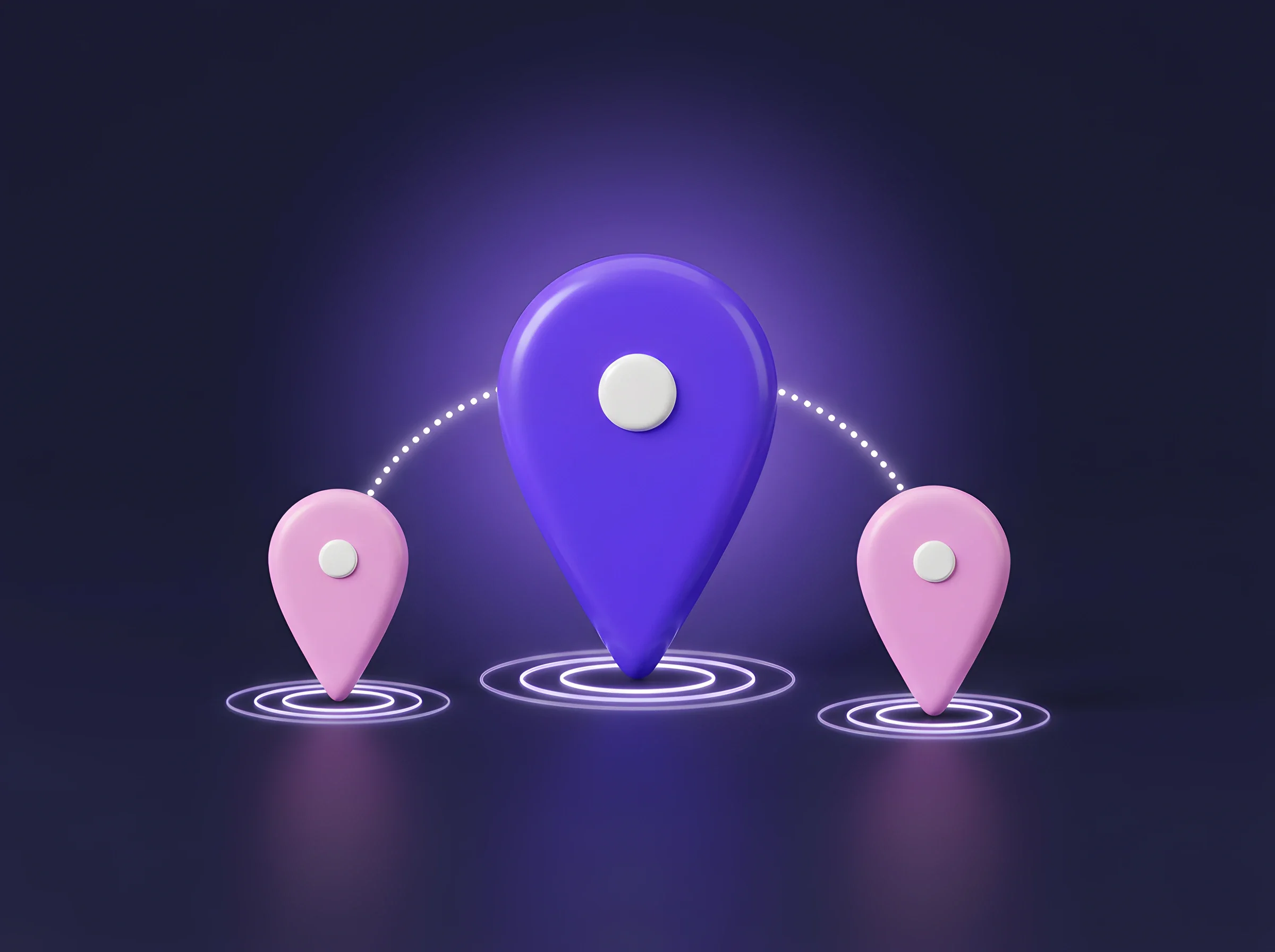 Illustrazione 3D: tre segnaposto sulla mappa, uno grande viola e due rosa