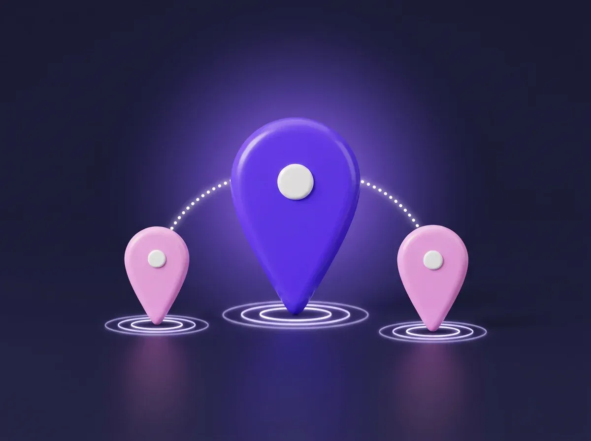 Illustrazione 3D: tre segnaposto sulla mappa, uno grande viola e due rosa