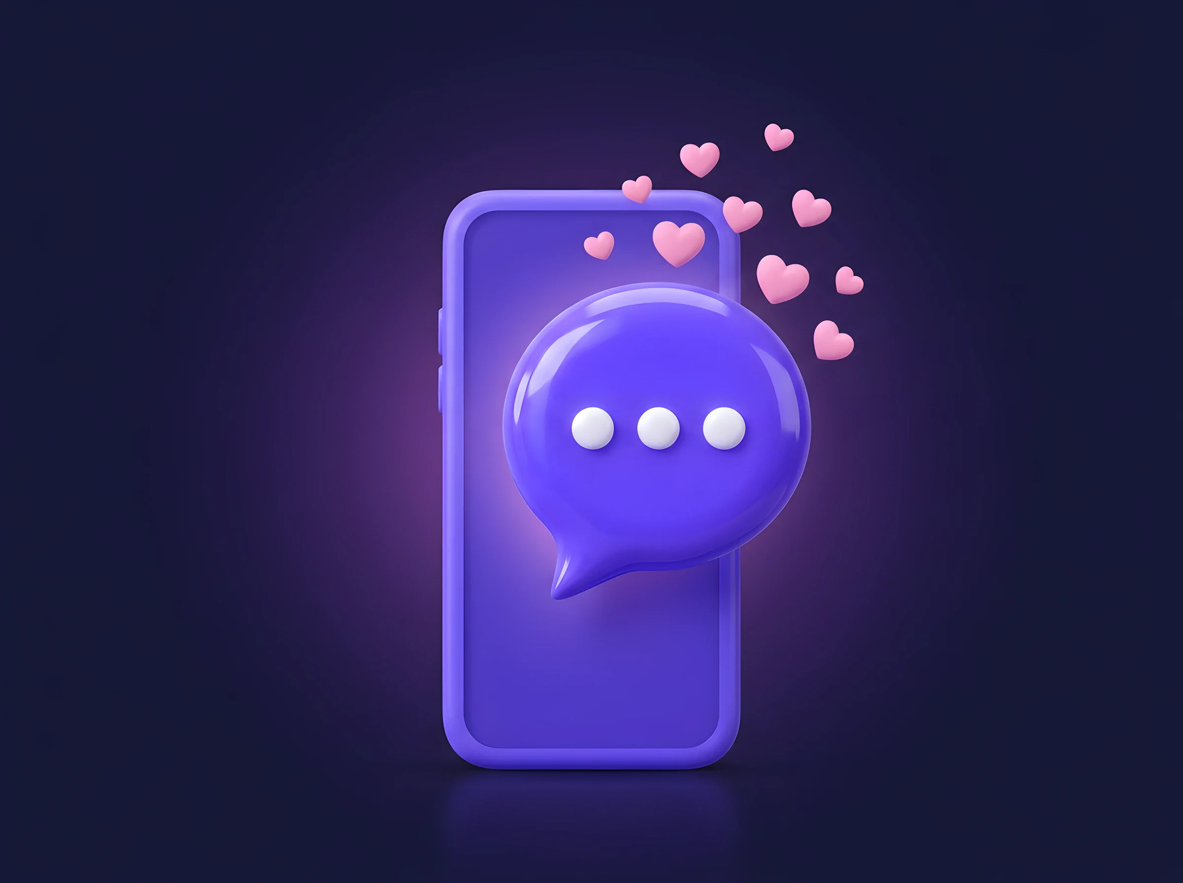 Illustrazione 3D: smartphone con un fumetto di chat e cuori