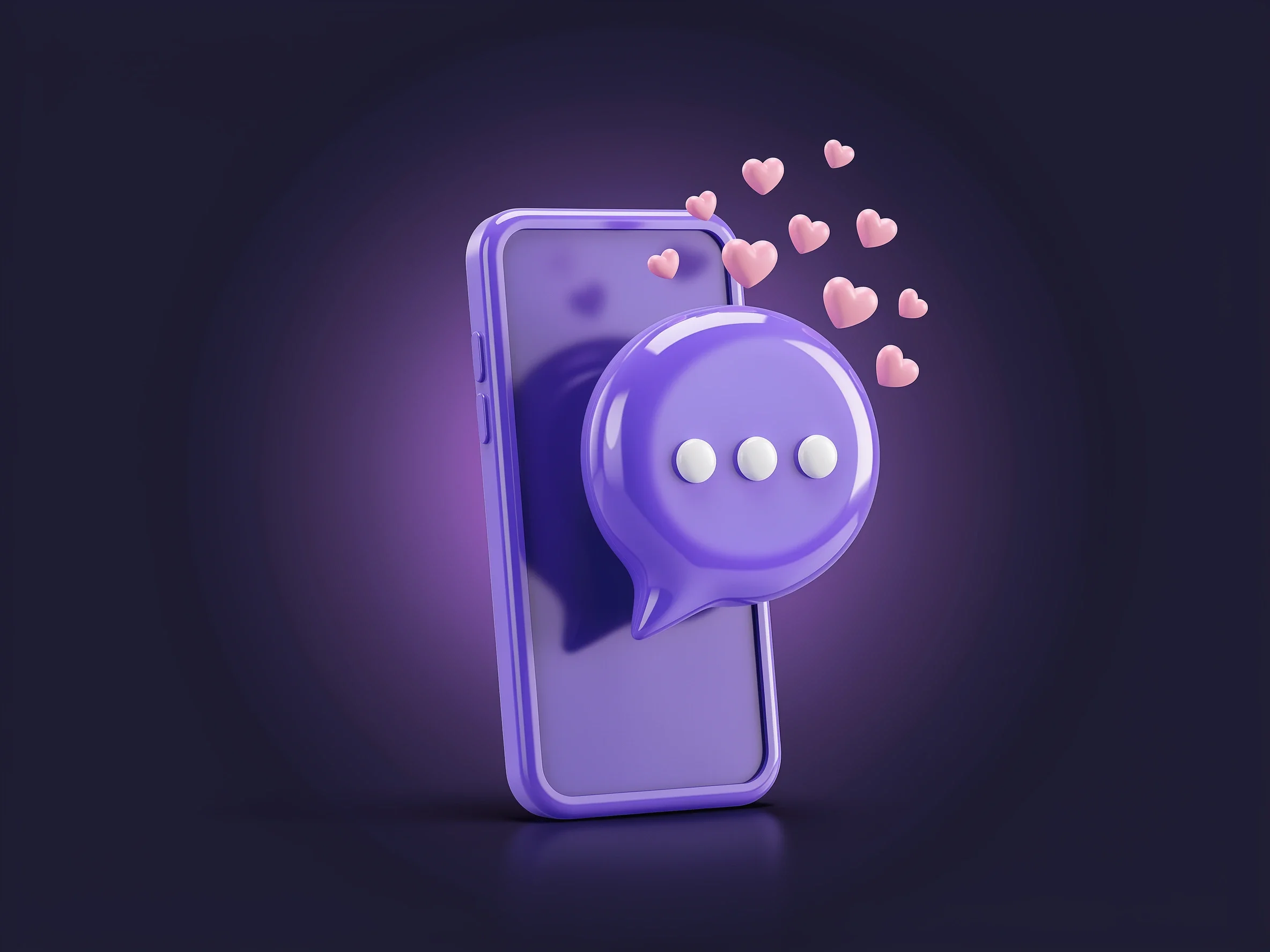 Illustrazione 3D: smartphone con un fumetto di chat e cuori