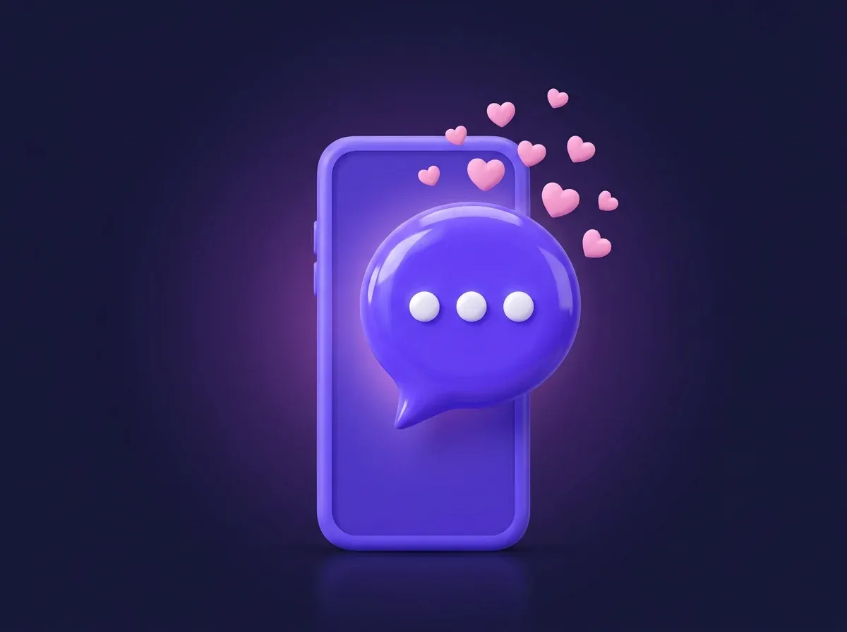 Illustrazione 3D: smartphone con un fumetto di chat e cuori