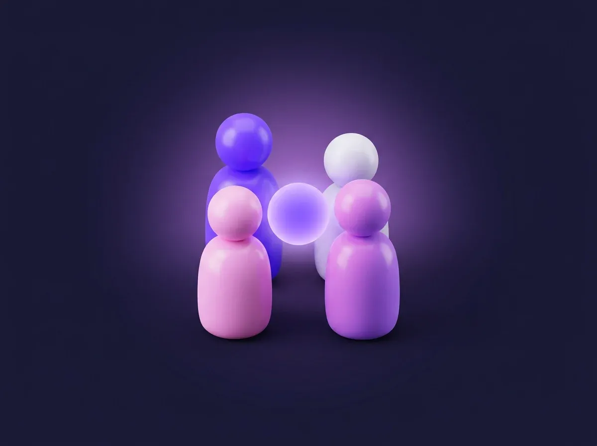 Illustrazione 3D: quattro figure stilizzate viola e rosa raccolte in gruppo