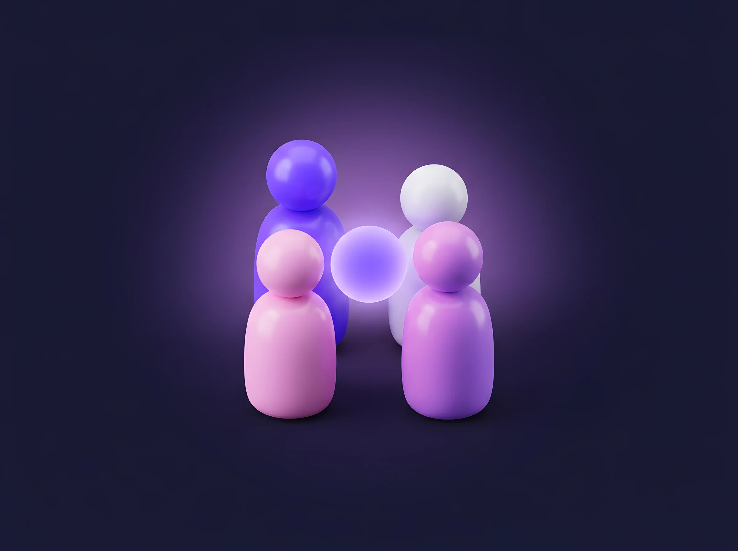 Illustrazione 3D: quattro figure stilizzate viola e rosa raccolte in gruppo