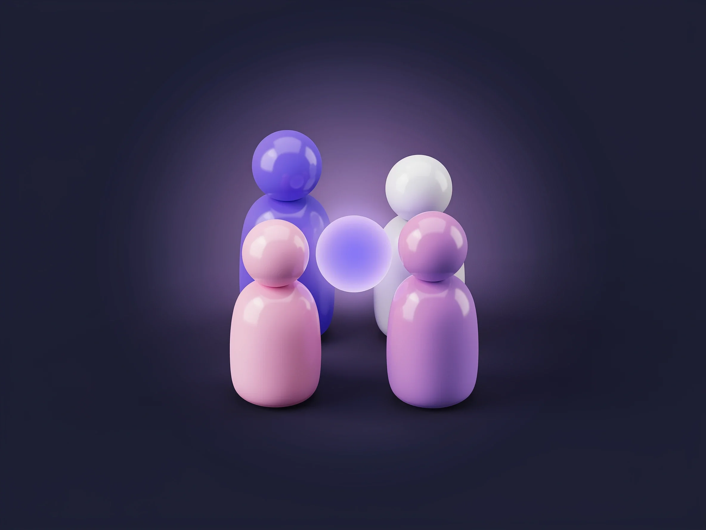 Illustrazione 3D: quattro figure stilizzate viola e rosa raccolte in gruppo