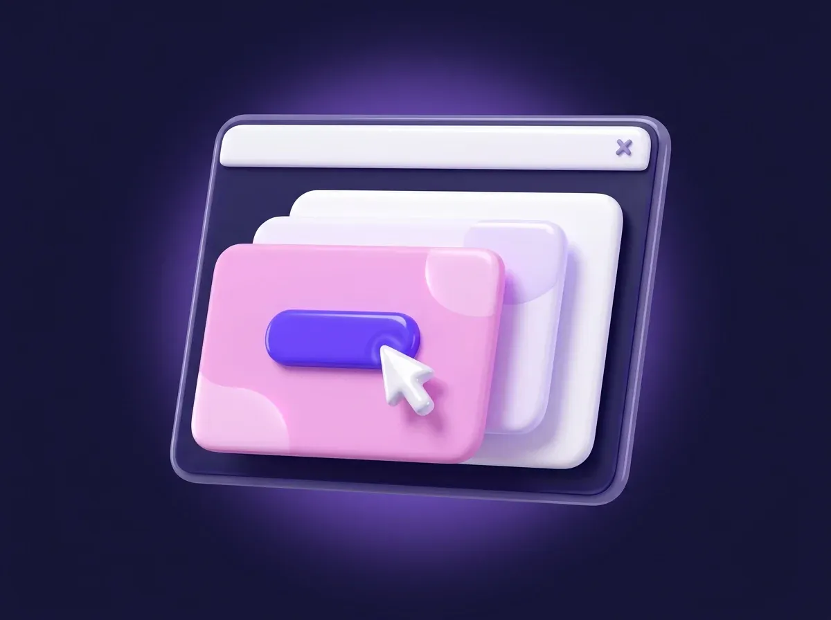 Illustrazione 3D: finestra del browser con pagine sovrapposte e un cursore sul bottone