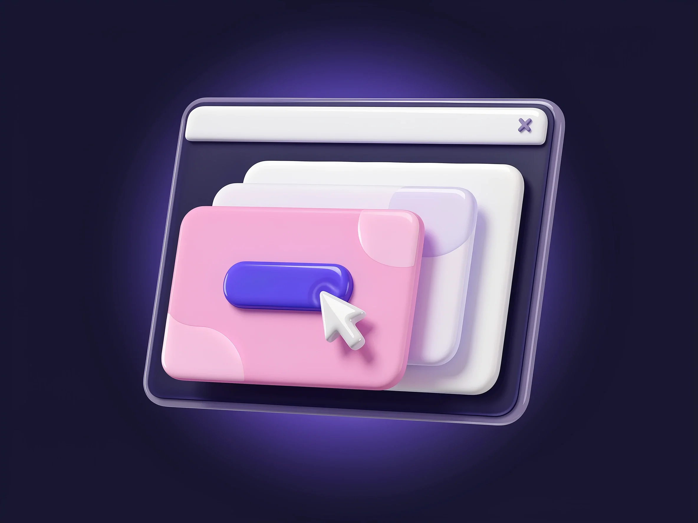 Illustrazione 3D: finestra del browser con pagine sovrapposte e un cursore sul bottone
